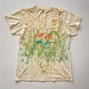 Vtg 70s 80s Hand Painted Floral V Neck T-Shirt / Hanes Made in USA / XL Hippie